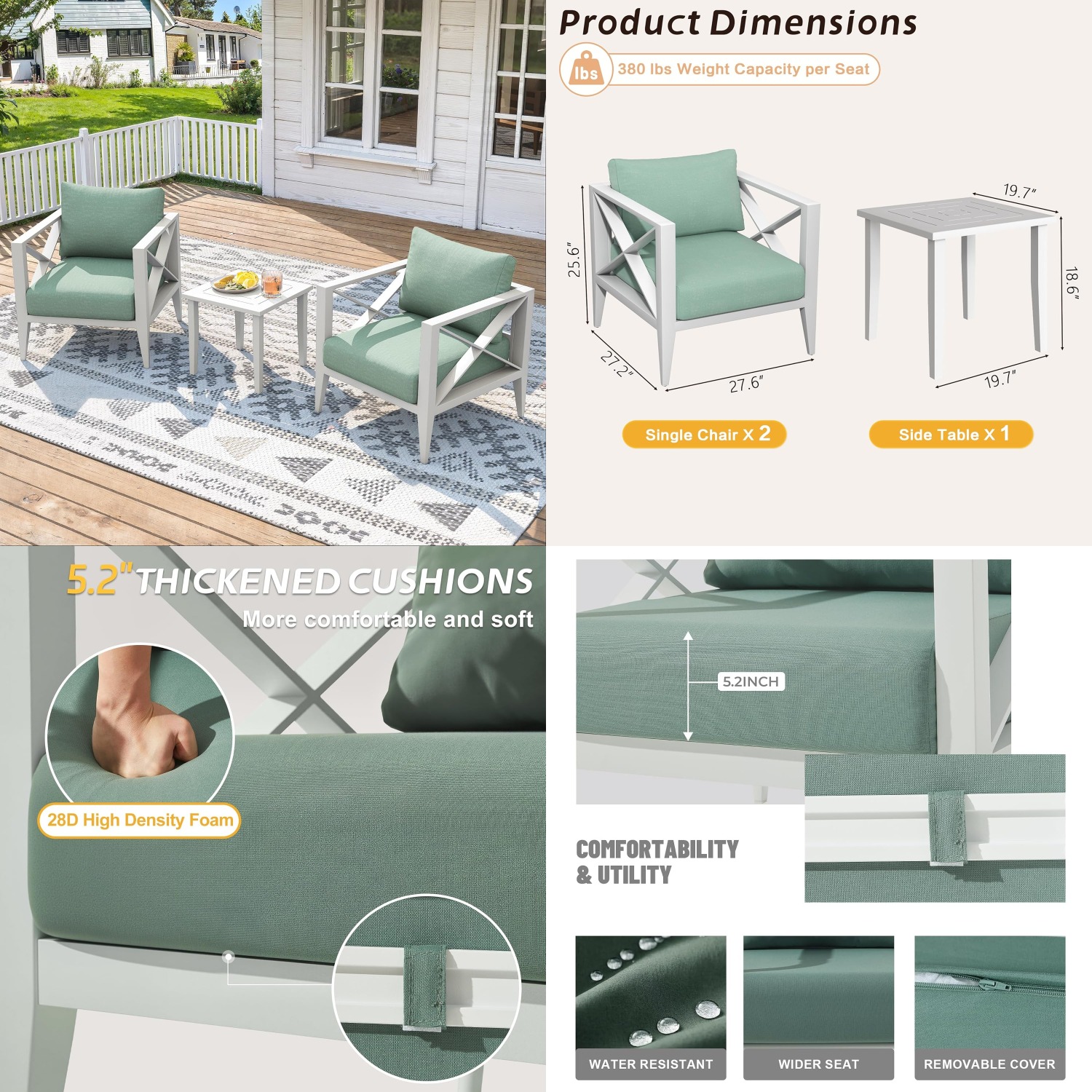 Outdoor Furniture Lounge Set - 3-Piece Oversized Aluminum Patio Furniture Set,